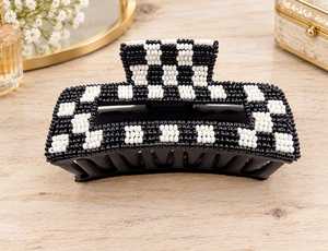 Pince à cheveux artisanale à carreaux orange et blancs ornée de perles de rocaille et de perles de verre, accessoires pour cheveux pour femmes - Product Image 5