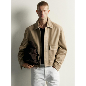 Men's Tan Brown Genuine <b>Suede</b> <b>Leather</b> Bomber <b>Jacket</b> Shirt Collar Zip Front Ribbed Hem Relaxed Fit Premium Custom Streetwear Oute - Product Image 1