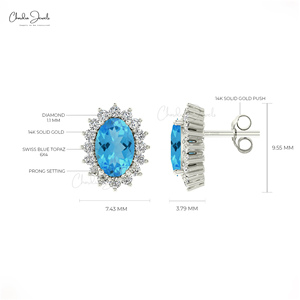 Natural 6X4MM Oval Cut Swiss Blue Topaz Gemstone Bridal <b>Stud</b> Earrings White Diamond Halo Earrings Wedding Jewelry Manufacturer - Product Image 2