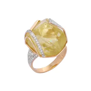 الفاخرة والمجوهرات الطبيعية الليمون توباز مع خاتم الماس 14K أقراط ذهب خالص أصفر خاتم كبير النساء بالجملة مجوهرات الصانع