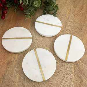 Handcrafted Natural White Round Marble <b>Coaster</b> <b>Set</b> Metal Inlay Elegant Premium Design for Luxury Home Decor Coffee Table - Product Image 4