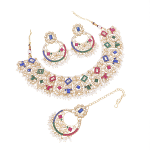 Traditional Floral Kundan Pearl <b>Choker</b> Necklace Earrings Maang Tikka Set <b>for</b> <b>Women</b> Daily Wear Bridal - Product Image 2
