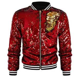 Men's <b>Sequin</b> Varsity <b>Jacket</b> <b>Black</b> Gold Reversible Zipper Streetwear Style Regular Fit Autumn Wear Turn-down Collar - Product Image 2