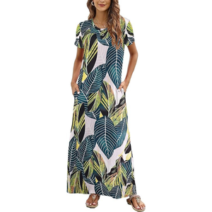 Vestido Largo Informal de Verano para Mujer, Estampado Tropical, Manga Corta, Cuello Redondo, Poliéster - Product Image 1