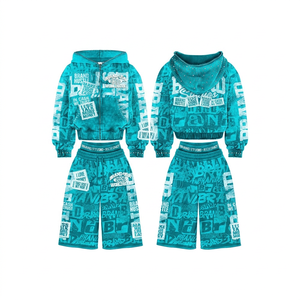 Ensemble sweat à capuche et short imprimé bleu sarcelle pour homme, style streetwear, veste zippée, motif lettres, en molleton bouclette, tenue assortie pour l'automne - Product Image 1