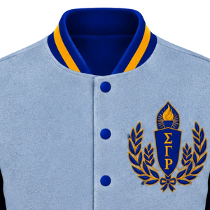 <b>Womens</b> <b>Light</b> Grey Varsity Bomber <b>Jacket</b> Blue Sleeves Laurel Crest Embroidery Gold Trim Snap Button Ribbed Collar Cuffs Casual - Product Image 2