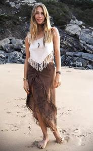 Top Bohemio con Borlas para Mujer, Blusa Larga sin Mangas de Viscosa y Algodón Tejido con Flecos, Patrón Geométrico, Estilo Boho de Verano - Product Image 3
