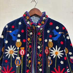 Personalized Unisex <b>Gift</b> Velvet Blue Suzani <b>Elephant</b> Embroidered Jacket Bohemian Reversible Coat Winter Floral Outerwear - Product Image 5