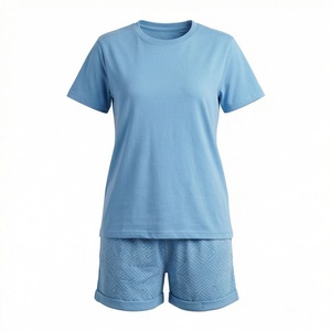 Women's 2 Piece <b>Knitted</b> Short Sleeve T Shirt and Above Knee Shorts <b>Set</b> Solid Light Blue Casual Wear Spring Summer Breathable - Product Image 1