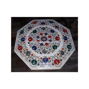 Plateau de table à manger de forme octogonale en marbre blanc, design floral exclusif et antique, finition de haute qualité, conçu par un designer indien - Product Image 2