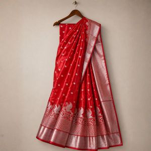 Regal <b>Red</b> Chanderi Silk <b>Saree</b> with Long Peacock Motifs - Product Image 3