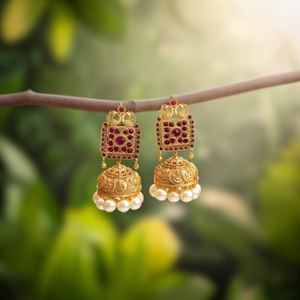 Ganesh Gold Plated Chandelier Earrings with Ruby and Golden Pearl Moon Design - Product Image 3