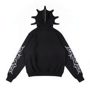 Sweat-shirt polaire homme streetwear Y2K gothique personnalisé, à capuche intégrale zippée avec cornes pointues, imprimé graphique noir en relief, épais - Product Image 3
