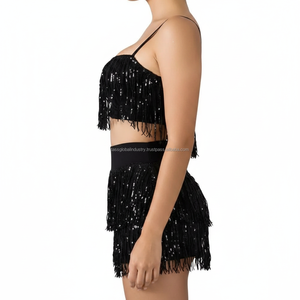 Costume de danse personnalisé pour femmes, noir, à franges et sequins, ensemble 2 pièces, haut court et short, pour spectacle sur scène, OEM - Product Image 3
