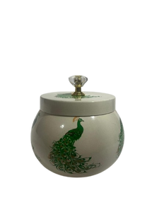 Bocal de cuisine vintage en fer, crème, avec couvercle, motif paon vert, récipient de rangement décoratif, design élégant d'oiseau, artisanat lumineux - Product Image 1