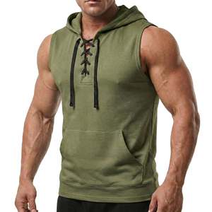 Débardeur de sport pour homme OEM, sans manches, à lacets, en coton, avec poche avant, pour la musculation et la gym - Product Image 1