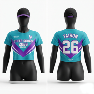 Maillot de cheerleading en polyester premium 190 GSM, anti-humidité, bleu sarcelle, violet, blanc, sublimation personnalisée - Product Image 1
