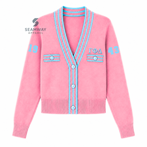เสื้อคาร์ดิแกนถักสำหรับผู้หญิง Gamma Phi Delta Sorority แบบวาร์ซิตี้ คอวี ติดกระดุมด้านหน้า แต่งขอบลายริบ ปักลายสไตล์พรีปปี้ - Product Image 1