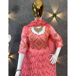 Robe Anarkali trapèze de créateur faite à la main avec pantalon et dupatta, en tissu mousseline, taille empire, idéale pour les soirées - Product Image 4