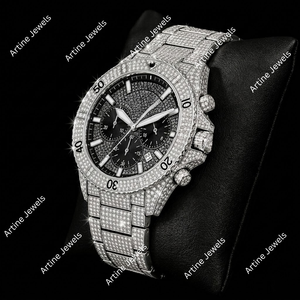 Montre chronographe en argent sertie de cristaux, cadran noir, style diamant, montre-bracelet de luxe pour homme - Product Image 3