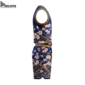 Conjunto de Camiseta y Pantalones Cortos de Baloncesto con Estampado de Flores de Cerezo y Olas, Personalizado OEM, Uniforme Deportivo Sublimado en Azul y Dorado - Product Image 4