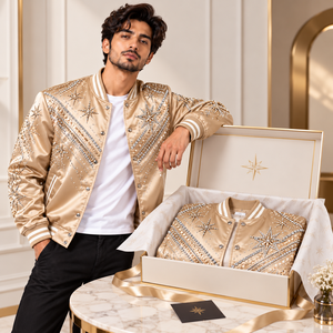 Chaqueta de Satén con Pedrería de Moda, Chaqueta Bomber de Lujo Decorada con Cristales Brillantes y Patrón de Estrellas para un Look Moderno - Product Image 5