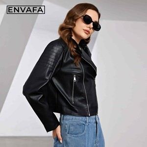 Chaqueta Corta Negra de Cuero Sintético Tejido para Mujer, Estilo Motero, Impermeable, Resistente al Viento, Ropa Exterior Informal para Primavera y Otoño - Product Image 4