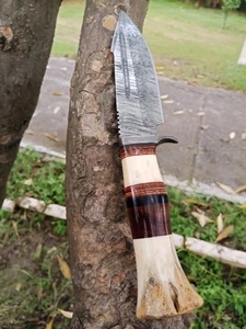 Couteau de chasse multifonctionnel artisanal en acier Damas, lame fixe à pointe tombante, pour le camping en extérieur, manche en bois de cerf - Product Image 4