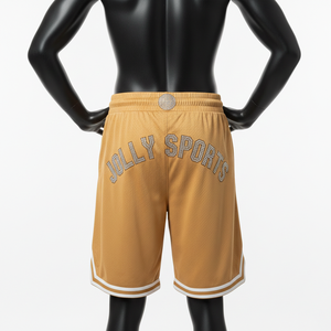 Short de basketball en molleton de coton 320 GSM de qualité supérieure, couleur moutarde, avec logo personnalisé par transfert thermique et strass - Product Image 2