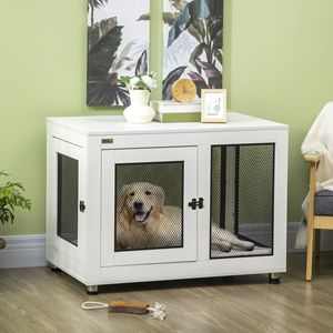 37\" White Rectangle Dog <b>Crate</b> Furniture Water-Resistant Cushion & Double Doors End Table for Large Villa Dogs - Product Image 2