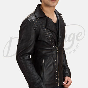 Veste de motard en cuir noir clouté de qualité supérieure pour homme, en peau de mouton véritable, style punk rock, coupe ajustée, manches matelassées - Product Image 6
