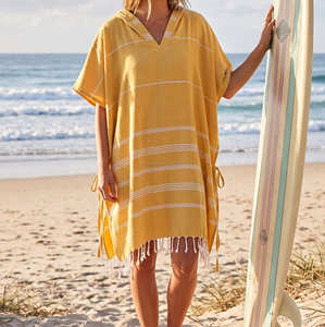 Poncho de Playa Fouta Azul Claro, Toalla con Capucha a Rayas, Bata de Cambio para Natación, Surf, Piscina y Playa - Product Image 3