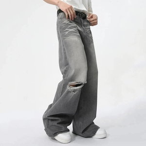 Custom Manufacturers Logo Men's Embroidered Baggy Jeans Loose Fit Straight Acid Wash Distressed Solid Casual Denim <b>Pants</b> - Product Image 3