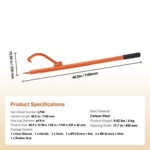 Sollevatore per Tronchi Resistente da 46,5 Pollici con Manico in Metallo, Gancio Antiruggine con Apertura Massima di 19 Pollici, Macchinario Forestale - Product Image 5