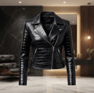 Chaqueta de Moto de Cuero PU con Estampado de Cocodrilo Negro para Mujer, Cierre de Cremallera, Manga Larga, Cuello Camisero, Largo Regular, Otoño - Product Image 1