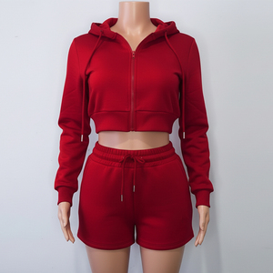 Latest Wholesale High Quality Custom Made Womens Spandex/Cotton Crop Hoodie Shorts <b>Set</b> Zip for Wear Sportswear Casual Solid - Product Image 4
