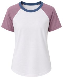เสื้อยืดแร็กแลนสีชมพูอมเทาและสีน้ำเงินเดนิมแบบสั่งทำพิเศษสำหรับผู้หญิง คอกลม แขนสั้น ผ้าฝ้ายผสมเนื้อนุ่ม แฟชั่นฤดูร้อน - Product Image 1
