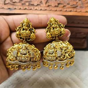 Bridal Temple Jhumkas-Yellow Gold Drop Earrings with Pearl Emerald & Ruby - Product Image 2