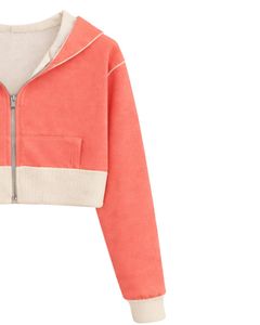Sudadera con capucha corta para mujer, color rosa coral, con cremallera, de algodón y forro polar, estilo color block, informal, para uso diario. - Product Image 3
