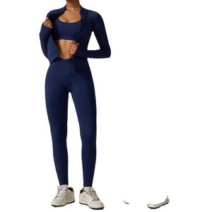 2024 ropa al por mayor mujer Fitness 3 piezas deporte lujo otoño Zip Up gimnasio Fitness conjunto manga larga sujetador activo y pantalones de Yoga conjunto - Product Image 1