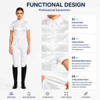 Chemisier d'équitation blanc en satin pour femme, col pointu, patte de boutonnage cachée, manches courtes, haut de concours, personnalisable OEM