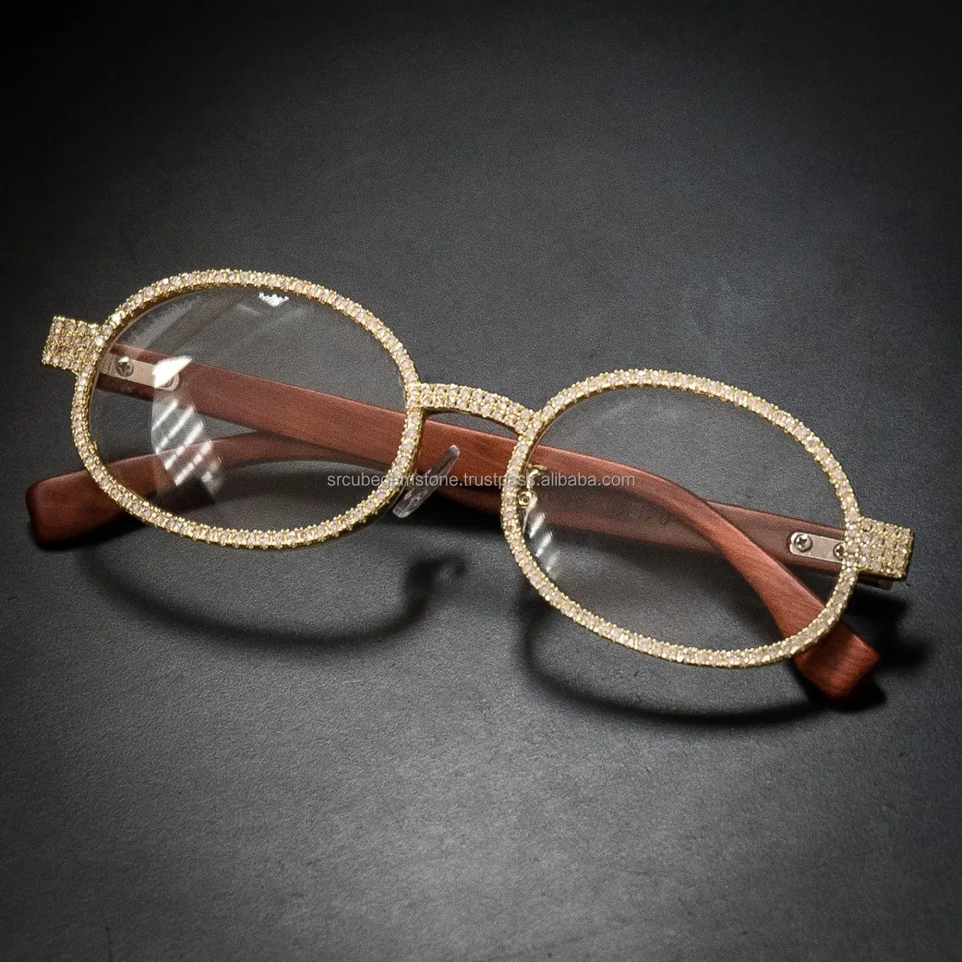 Lente trasparente legno cornice rotonda Vintage 14K oro Hip Hop occhiali ghiacciati per gli uomini
