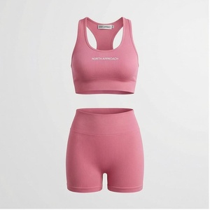 ชุดโยคะ 2 ชิ้นแบบมีริบบิ้น North Approach เสื้อชั้นในกีฬาแบบ Racerback กางเกงขาสั้นเอวสูง สีชมพูพื้น ระบายอากาศได้ดี ชุดออกกำลังกายสำหรับผู้หญิง - Product Image 1
