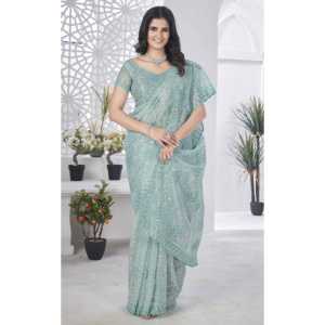 Sari Largo de Seda para Mujer, Diseño de RV Creation, para Fiestas, con Bordado de Hilo Rosa, Aspecto Elegante - Product Image 2