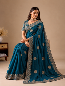 Vexotrend Indian Designer Women's Velvet <b>Satin</b> <b>Saree</b> Beautiful Patola Design Traditional Style Wedding Party Wear Wrinkle-Free - Product Image 4
