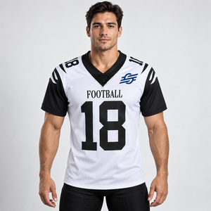 Men's <b>White</b> Black V-Neck American <b>Football</b> Jersey Number Sublimated Moisture Wicking Mesh Athletic Fit Short Sleeve - Product Image 1