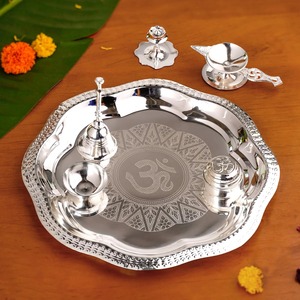 <b>Decorative</b> Brass Pooja Thali Set Designer Finish Puja <b>Plate</b> with Diya Bell Kalash Home Temple Decor Festive Gift - Product Image 2