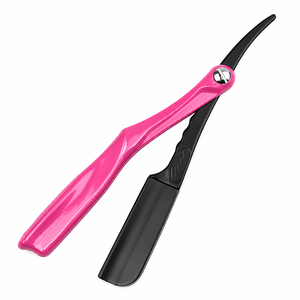 Navaja de barbero rosa y negra con logotipo personalizado, rasuradora plegable de colores, soporte profesional para navajas afiladas con cuchillas Feather - Product Image 1