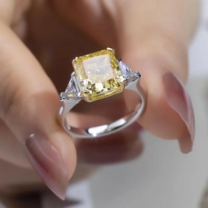 <b>Cushion</b> Cut Vivid Yellow Three Stone Lab Grown Diamond <b>Ring</b> in 14K White Gold Diamond <b>Ring</b> with IGI Certified & VVS Clarity - Product Image 5