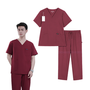 Men's Maroon Scrub Set V-Neck Short Sleeve Hospital Uniform Woven Polyester rayon Pants Included - Product Image 1